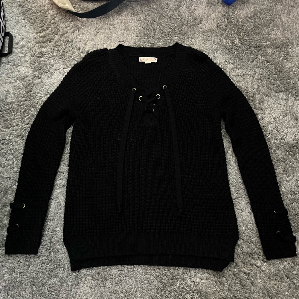 It's Our Time Black V-Neck Sweater with Lace-Up Detail